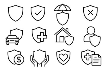 Big set of insurance and shield related line icons. Protection and security concept. Car, home, health, life, financial safety. Vector outline signs for web and graphic design.