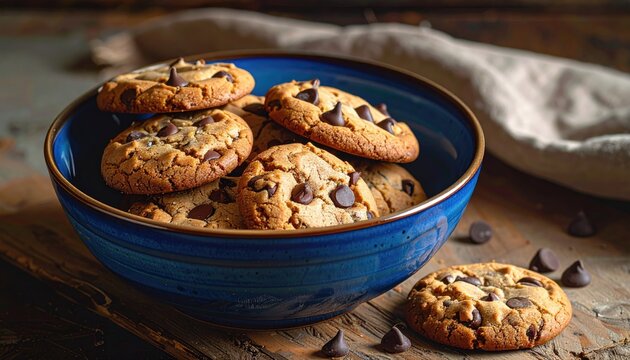A blue bowl overflows with freshly baked chocolate chip cookies, resting on a rustic wooden surface alongside scattered chocolate chips.  The cookies appear soft and chewy