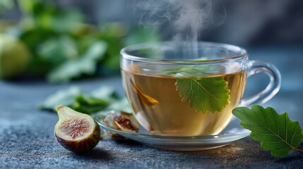 Benefits of Fig Leaf Tea. Steaming cup of herbal tea with leaves and figs on a textured surface.