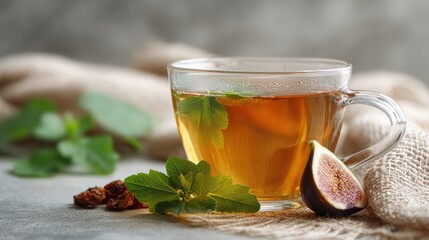 Benefits of Fig Leaf Tea. A clear glass cup of herbal tea garnished with leaves and fruit on a textured surface.