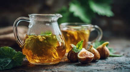 Benefits of Fig Leaf Tea. Glass pitcher with herbal tea and figs on a rustic surface, creating a cozy ambiance.