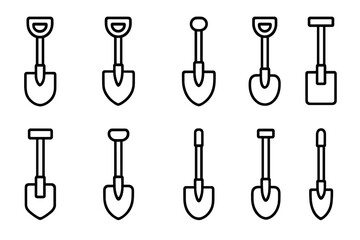 Shovel and spade line icon set. Outline vector symbols for digging, gardening, and construction. Minimalist pictogram collection for UI, UX, web design and apps.
