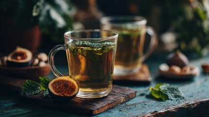 Benefits of Fig Leaf Tea. Refreshing herbal tea served in a glass with mint and fig on a rustic wooden surface.