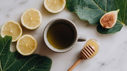 Benefits of Fig Leaf Tea. A cozy scene of tea with lemon slices and honey on a textured surface.