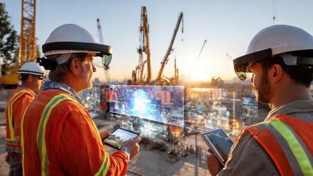 Construction Workers with Augmented Reality: A group of construction workers, equipped with advanced augmented reality technology, collaborates on a modern construction site.