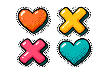 Obraz premium Xoxo hugs and kisses sticker pack. 3D pop art hearts and crosses in vintage comic style. Cute girly bubble lettering illustration set for Valentine's day. Love romance symbols.