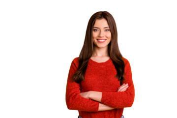 Photo of cheerful cute charming fascinating pretty youngster standing with hands folded smiling cheerfully isolated over vivid color yellow background