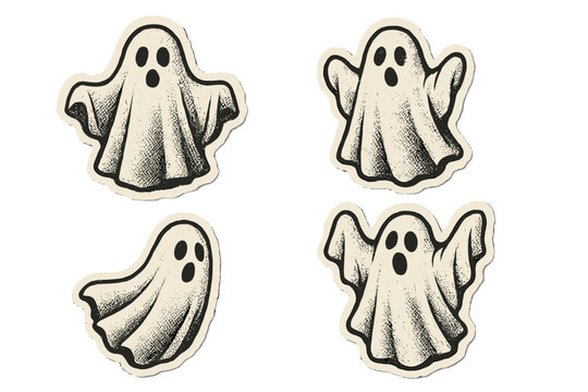 White sheet ghost sticker set for Halloween. Halftone mixed media collage paper effect. Dotted vintage illustration in 90s zine style. Spooky horror cartoon character pack.