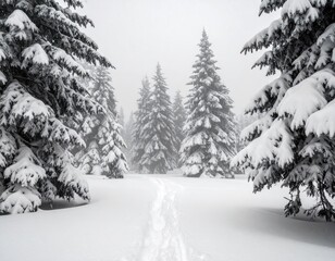 Snowy path through a misty fir forest