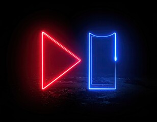 Neon play and pause symbols on dark textured ground