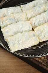 Handmade Vegetarian Spring Rolls with Fresh Vegetables on Dark Plate - Healthy Asian Food