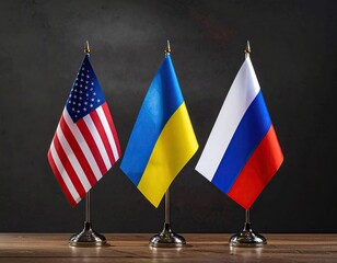 Three national flags ? USA, Ukraine, and Russia ? on stands, dark background