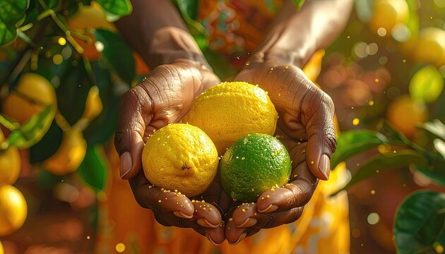 Hands holding fresh citrus fruits in a sunlit orchard