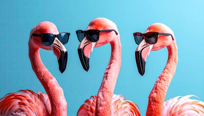 Three pink flamingos, stylishly posed, wearing sunglasses against a bright turquoise background