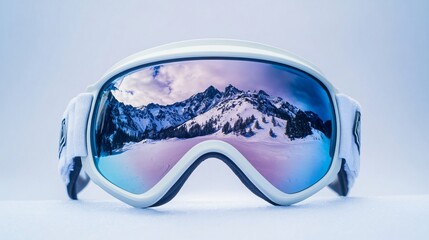 Close-up of ski and snowboard mask with mountain reflection in it