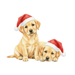 Cute puppies wearing Christmas hats celebrate holiday joy and cheer in a festive setting