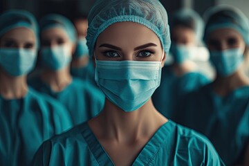 A group of medical professionals in blue scrubs and masks, with a focused woman in the foreground staring intently, suggesting a team in a healthcare setting