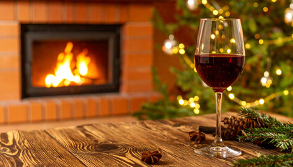 Copy space close up red wine in the glass placed with blurry furnace with pine tree as background