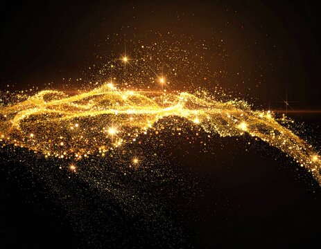 Gold particles flowing in a wave pattern on a dark background