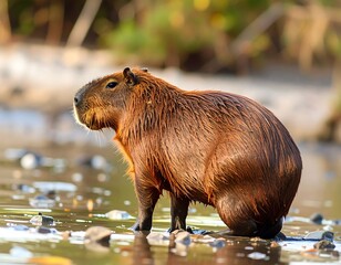 Capybara in shallow water