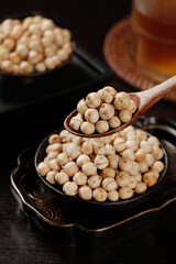 Fried Salted Chickpeas in Cast Iron Pan - Healthy Roasted Legume Snack Food Ingredient