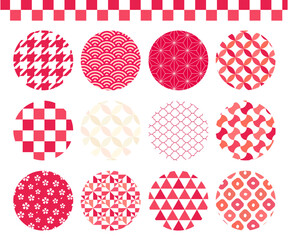 シームレスな和柄パターン 赤色セット（青海波・麻の葉・市松・七宝 など）
