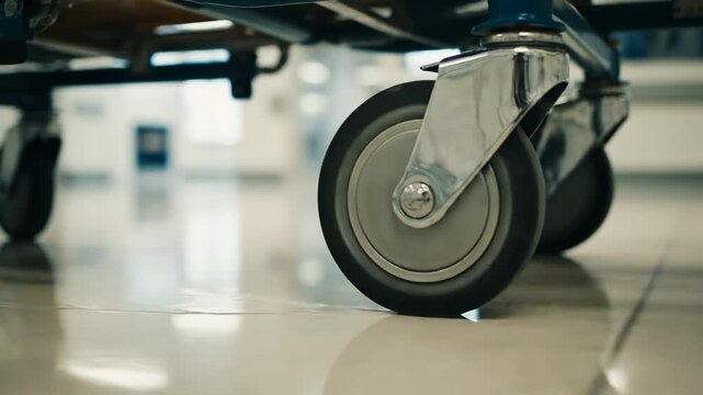 Close up of hospital gurney wheels on a shiny tiled floor area