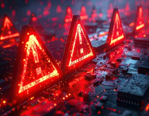 Red warning triangles on a circuit board