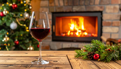 Copy space close up red wine in the glass placed with blurry furnace with pine tree as background
