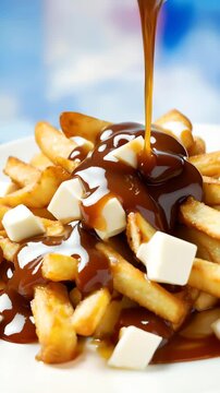 Cinematic close up of Canadian poutine with cheese curds and rich brown gravy pouring over crispy fries, dynamic camera movement, authentic Quebec comfort food, high detail appetizing footage