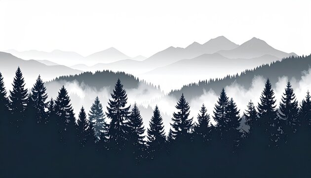 Misty mountain range silhouettes of dark pine forest - Powered by Adobe