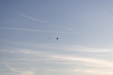 Hot air balloon and birds flying in the evening sky
