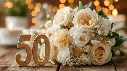 Elegant golden "50" numerals with a subtle sparkle, nestled in a lush bouquet of creamy white roses. A warm, glittering bokeh background adds a celebratory mood.