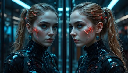 Obraz premium Futuristic female double agent, her reflection in glass showing genetic mutations. 