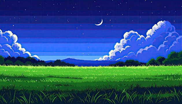Pixel art landscape at night. Lush green field meets a distant mountain range under a starry night sky with clouds
