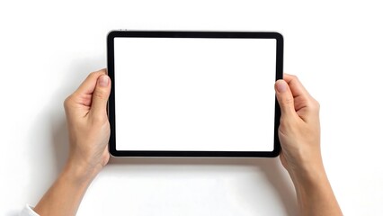 Hands holding black digital tablet with blank white screen isolated
