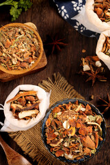 Five Spice Seasoning Collection Hot Spices in Bowls and Bags Aromatic Cooking Ingredients