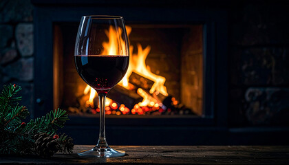 Copy space close up red wine in the glass placed with blurry furnace with pine tree as background dark themed