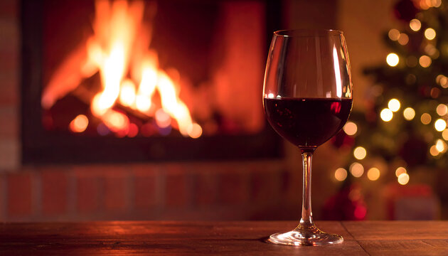Copy space close up red wine in the glass placed with blurry furnace with pine tree as background dark themed