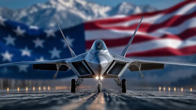 A powerful USAF fighter jet poised on the runway with a giant flag backdrop, symbolizing defense, technology, and aviation supremacy.