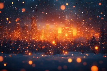Naklejka premium Snow-covered cityscape with glowing lights on a winter night, perfect as a desktop wallpaper.