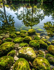 Calm, mossy stones reflected in a stream
