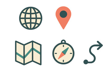 Obraz premium Global navigation and travel icons set featuring map, compass, location pin, and route path for digital interfaces