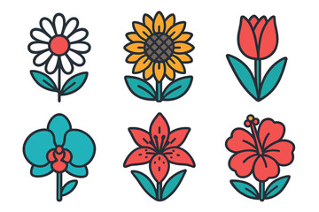 Colorful blooming flower with daisy, sunflower, tulip, orchid, lily, and hibiscus for spring and summer