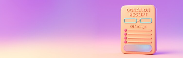 3D style donation receipt icon with colorful layout on pink and purple background, symbolizing charity finance concept with copy space. Ai generative