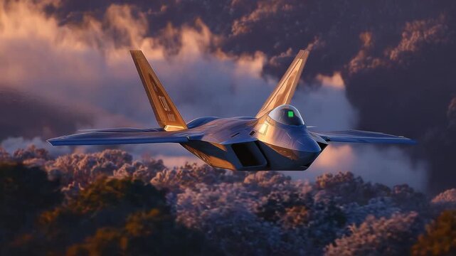 A jet silhouette cuts through rising smoke clouds at dawn, highlighting its power and mission readiness.