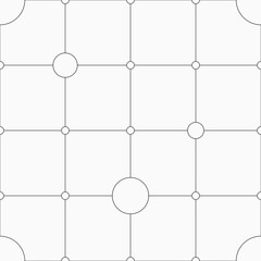 Seamless vector outline pattern with circles of different sizes at the intersection of lines. Outline geometric vector background. Grid black and white pattern.