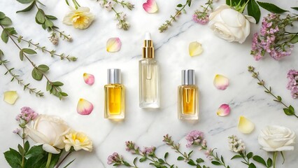 Elegant perfume bottles surrounded by flowers and petals on marble background
