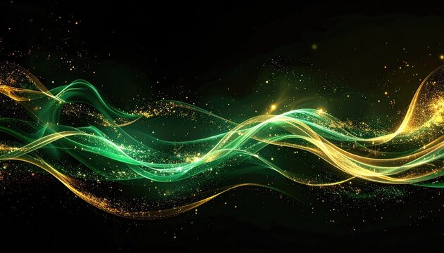 Abstract swirling lines of emerald green and gold dust on black background