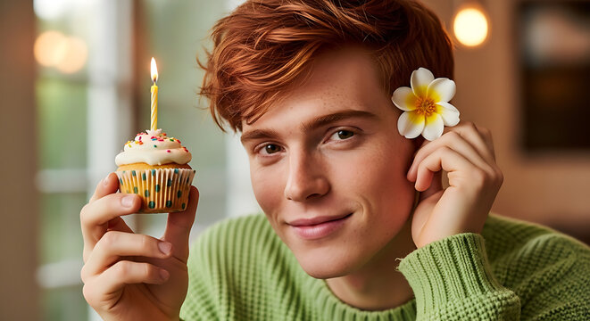 An appealing close-up of a smiling red-haired man, celebrating a milestone with a single cupcake, representing themes of youth, simplicity, and personal joy.